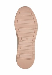 Semelle de chaussure avec un design en caoutchouc texturé rose. Présente des rainures horizontales et verticales pour l'adhérence. Taille marquée comme 37.