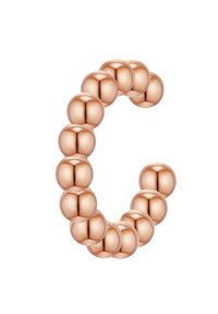 Rožu zelta aproce ar sfēriskām pērlēm, kas sakārtotas nepārtrauktā rakstā, piedāvājot gludu, atstarojošu virsmu.