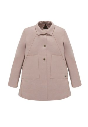 Cappotto di lana beige chiaro con due tasche frontali, maniche lunghe, chiusura con bottoni e piccolo colletto, mostrato su sfondo bianco.