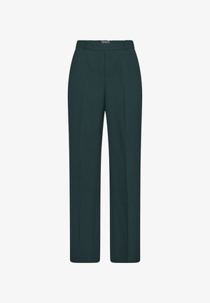 Dark teal, tailored trousers with a straight leg, smooth texture, and a waistband. Features two front pockets and a clean finish.