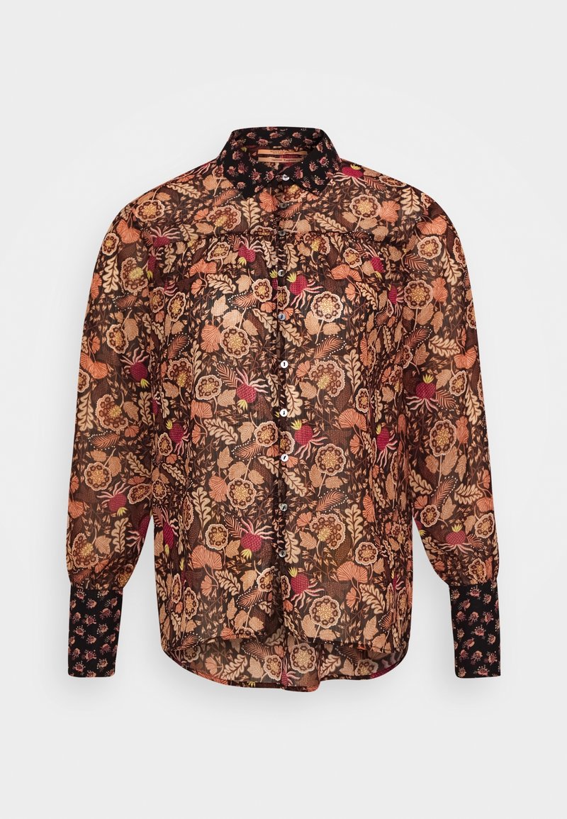 Long-sleeve blouse in sheer brown fabric featuring a multicolored floral pattern and a black printed collar with button closures.