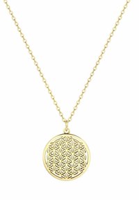 Collar de oro con un colgante circular que presenta un intrincado patrón floral. La cadena tiene eslabones uniformes y un acabado pulido.