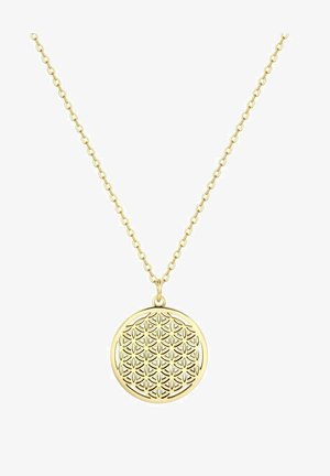 Collier en or avec un pendentif circulaire ornée d'un motif floral complexe. La chaîne présente des maillons uniformes et une finition polie.