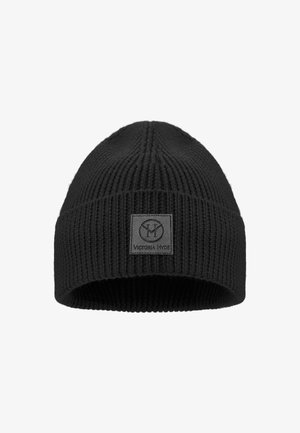 Zwarte gebreide beanie met een geribbelde structuur en een omgeslagen rand. Bevat een vierkant grijs label met het "Victoria Hyde" logo.