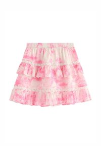 Gonna a strati rosa realizzata in tessuto con motivo acquarello. Presenta rifiniture in pizzo e strati arricciati. Vita elasticizzata per una vestibilità perfetta.