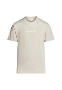 Beige bomulds t-shirt med rund halsudskæring, korte ærmer og "Calvin Klein" logo trykt i hvidt på brystet.