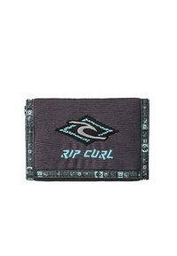 Rip Curl wallet in dark gray fabric, featuring an embroidered logo and light blue accents. Textured surface with geometric border detailing.