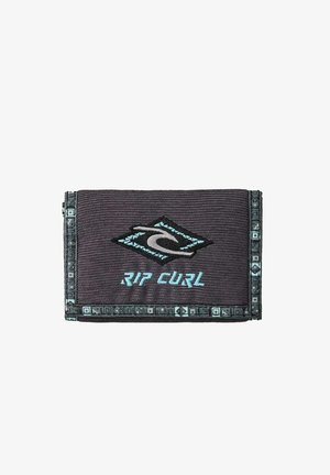 Rip Curl portemonnee in donkergrauwe stof, met een geborduurd logo en lichtblauwe accenten. Geweven oppervlak met geometrische randdetails.