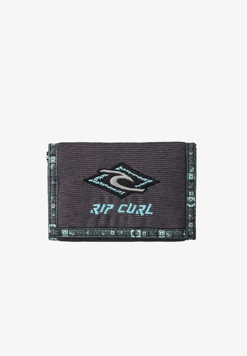 Rip Curl wallet in dark gray fabric, featuring an embroidered logo and light blue accents. Textured surface with geometric border detailing.