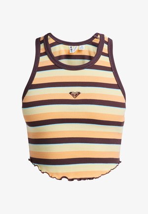 Sleeveless ribbed crop top with horizontal stripes in brown, beige, peach, and light blue, featuring a small heart logo at the center.