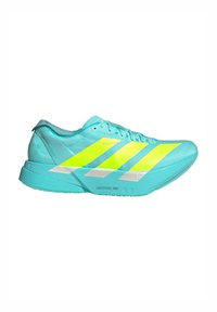 Light blue athletic shoe with neon yellow and silver accents. Features a breathable upper, padded collar, and textured sole for grip.