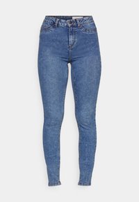 Högmidjade, smala jeans i medelblå denim. Har bältes�öglor, framfickor och gylf med dragkedja och knappstängning. Snygg textur.