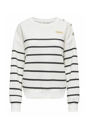 Pull blanc à manches longues avec des rayures horizontales noires, texte doré "FRENCHIE" sur la poitrine et trois boutons dorés sur l'épaule gauche.