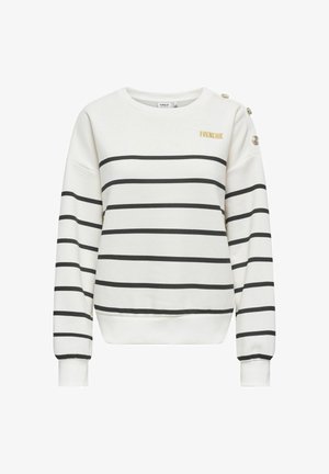 Hvid langærmet sweater med sorte vandrette striber, guldtekst "FRENCHIE" på brystet og tre guldknapper på venstre skulder.