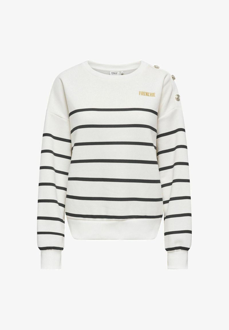 Pull blanc à manches longues avec des rayures horizontales noires, texte doré "FRENCHIE" sur la poitrine et trois boutons dorés sur l'épaule gauche.