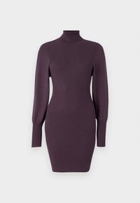 Pletené šaty s vysokým límcem v tmavě fialové barvě, s žebrovanou strukturou, slim fit střihem a dlouhými rukávy s přiléhavými manžetami. Hladká tkanina, minimální detaily.