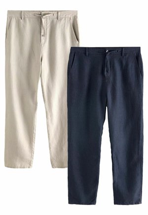 Due paia di pantaloni: uno beige chiaro e uno blu scuro, entrambi realizzati in tessuto morbido, con tasche laterali e chiusura con coulisse/zip.