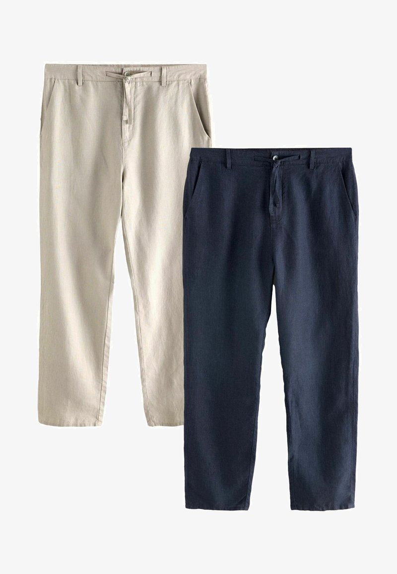 Two pairs of pants: one light beige and one dark navy, both made of soft fabric, featuring side pockets and a drawstring/zipper closure.