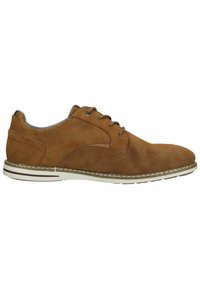 Scarpe stringate da uomo in suede marrone con tomaia perforata, cuciture bianche e suola in gomma per una migliore aderenza. Presentano un colletto imbottito per il comfort.