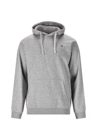 Huppari harmaana, pehmeästä kankaasta, jossa on etutasku, nyörit ja pieni logo vasemmassa rinnassa. Ribbaatut hihansuut ja helma.