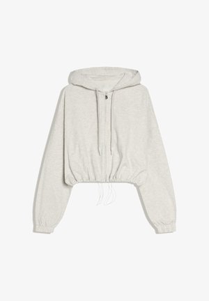Hoodie gris clair court avec fermeture éclair à l'avant, cordons au niveau de l'ourlet et de la capuche, manches longues avec poignets élastiques, présenté sur fond blanc.