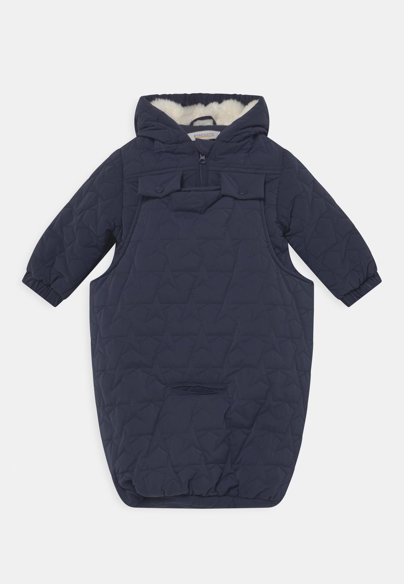 Navy blue quilted infant snowsuit with hood, long sleeves, star stitching pattern, front zipper, and fleece lining inside the hood.