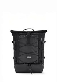 Black roll-top backpack with textured fabric, adjustable side straps, and a front elastic bungee cord. Features a top handle and brand logo.