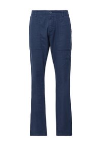 Marineblauwe katoenen broek met een rechte pasvorm, voorzien van twee voorzakken, een knoopsluiting en zichtbare stikseldetails.