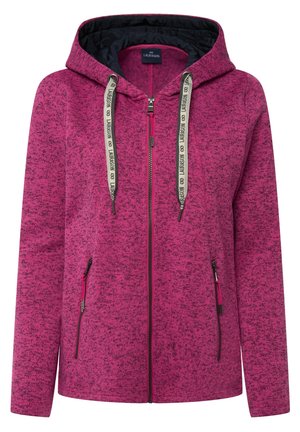 Sudadera de forro polar con cremallera en un vibrante color rosa, con un patrón texturizado, capucha ajustable con cordón y bolsillos laterales con cremallera.