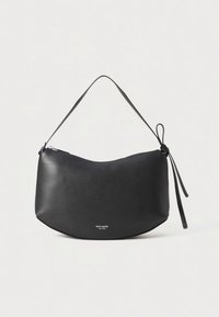 Black leather shoulder bag with a rounded shape, smooth texture, top zip closure, and adjustable strap featuring a knot detail.