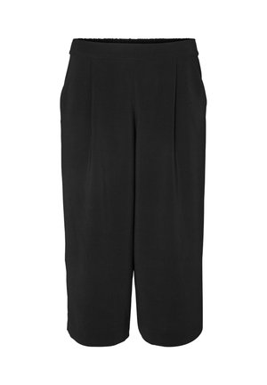Culottes noirs avec une coupe décontractée, dotés d'une taille élastique, de détails plissés et de poches latérales. Fabriqués en tissu léger et lisse.
