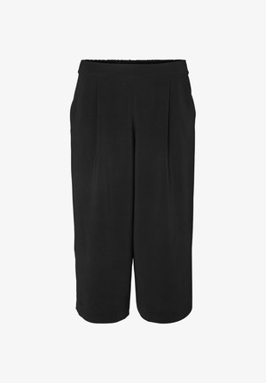 Culottes noirs avec une coupe décontractée, dotés d'une taille élastique, de détails plissés et de poches latérales. Fabriqués en tissu léger et lisse.