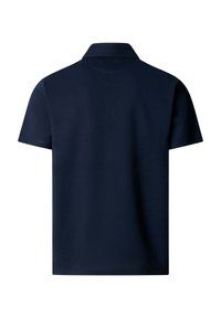 Tmavomodré polokošeľa s krátkym rukávom a klasickým golierom, zobrazená zozadu na bielom pozadí.