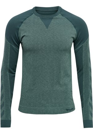Långärmad atletisk skjorta i mörkgrön melange. Har ljusare gröna detaljer på axlar och sidor, med texturerad tyg och ribbad halsringning.