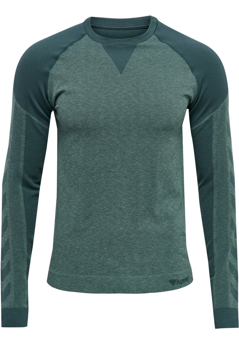 Pitkähihainen urheilupaita tummanvihreästä heather-kankaasta. sisältää vaaleampia vihreitä yksityiskohtia hartioissa ja sivuilla sekä teksturoidun kankaan ja ribbausta kauluksessa.