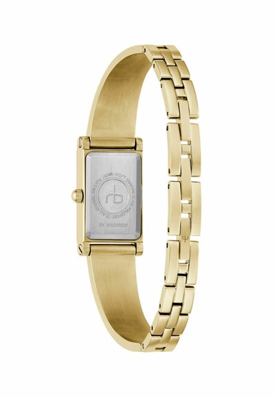 Guldtonet metalur med en rektangulær sølvskive, et glat guldarmbånd og en låseklips; udstyret med japansk urværk og safirglas.