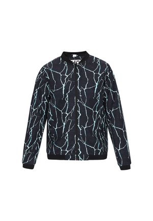 Giacca bomber nera con un motivo a crepe in azzurro chiaro. Presenta una chiusura con zip, polsini a costine e un colletto tondo. Texture morbida.