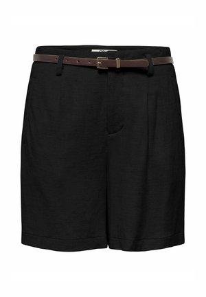 Shorts noirs taille haute, ajustés, avec plis devant et une ceinture en cuir brun fin avec une boucle dorée.