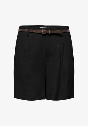 Mustad kõrge vöökohaga lõigatud lühikesed püksid ees voltidega ning peen pruun nahkvöö kuldse pandlaga.