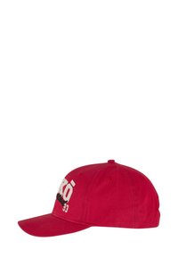 Red baseball cap with a curved visor, featuring white embroidered text on the front. Made of fabric, with ventilation eyelets on the sides.