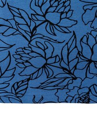 Blue fabric with a black floral pattern featuring large flowers and leaves. Material appears soft with a textured finish.