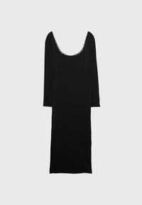 Schwarzes Kleid mit langen Ärmeln, Rundhalsausschnitt und Spitzenbesatz entlang des Kragens. Glatter Stoff mit taillierter Form, knielanges Design.