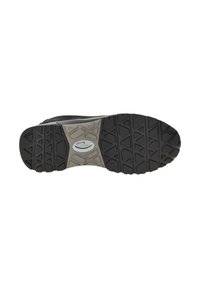 Zwarte atletische schoen zool met een gestructureerd rubberen oppervlak. Bevat een uniek profiel voor grip en stabiliteit, en een grijze tussenzool.