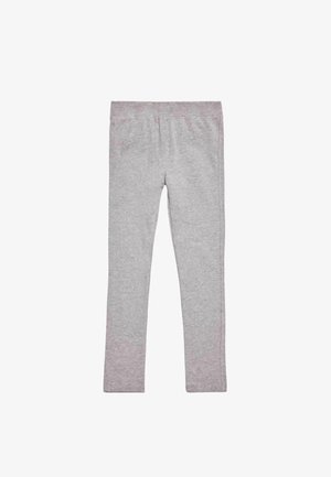 Leggings grises hechos de tela de algodón suave con una pretina elástica y un corte recto, sin patrones o adornos visibles.