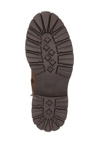 Braune Wanderschuhsohle mit tiefen Profilrippen, strukturierten Mustern und einem zentralen Logo. Gummibauweise für Haltbarkeit und Grip.