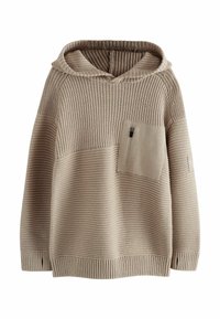 Haut à capuche en tricot beige avec une poche avant, présentant une texture côtelée et des coutures de panneaux. Comprend une capuche et des fentes sur les côtés à l'ourlet.