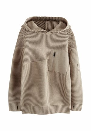 Beige strikket hættebluse med en frontlomme, der har ribbet struktur og panel-syninger. Inkluderer en hætte og sideslidser i kanten.