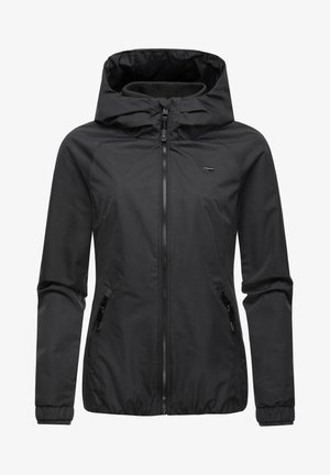 Black hooded jacket made of lightweight, water-resistant fabric. Features a front zipper, two side pockets, and elastic cuffs. Simple design.