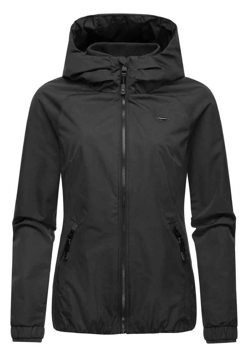 Black hooded jacket made of lightweight, water-resistant fabric. Features a front zipper, two side pockets, and elastic cuffs. Simple design.