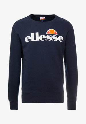 Sudadera azul marino de mezcla de algodón, con un logo blanco de "ellesse" y un gráfico en semicírculo en naranja encima del logo. Cuello redondo y puños de canalé.